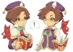  ! 2boys book brown_hair clone cropped_torso demon glasses green_eyes hat holding holding_book karatou klug_(puyopuyo) looking_at_another multiple_boys open_book purple_hat purple_vest puyopuyo puyopuyo_fever shirt short_hair simple_background spoken_exclamation_mark vest white_background white_shirt wing_hat_ornament 