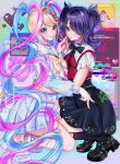  2girls ame-chan_(needy_girl_overdose) black_hair blue_eyes blush chouzetsusaikawa_tenshi-chan dolphinjet dual_persona expressionless highres holding_hands looking_at_viewer multicolored_hair multicolored_nails multiple_girls needy_girl_overdose parted_lips pien_cat_(needy_girl_overdose) quad_tails school_uniform serafuku skirt smile squatting twintails violet_eyes window_(computing) 