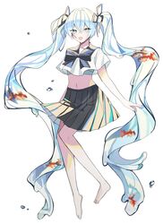  1girl aqua_eyes aqua_hair black_bow black_skirt blue_eyes bottle_miku bow bubble commentary fish goldfish gwi_dong_nyang haikei_natsu_ni_oboreru_(vocaloid) hair_between_eyes hair_ribbon hatsune_miku highres korean_commentary long_hair midriff navel open_mouth ribbon school_uniform serafuku simple_background skirt smile solo twintails underwater very_long_hair vocaloid white_background 