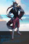  1boy beach black_hair black_sclera black_shirt blue_sky clouds cloudy_sky collared_shirt colored_sclera colored_skin commentary_request fins fish_boy fish_tail flip-flops floral_print full_body gradient_hair grey_skin hand_on_own_hip hand_up head_fins highres holding holding_removed_eyewear jewelry long_hair long_tail looking_at_viewer male_focus monster_boy multicolored_hair necklace ocean original outdoors redhead sandals sharp_teeth shirt short_hair shorts sky solo standing sunglasses tail teeth tinted_eyewear translation_request unworn_eyewear waves yellow-tinted_eyewear yellow_eyes zzb_azz 