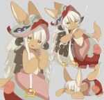  ! 1other :3 androgynous animal_ears body_fur colored_eyelashes furry grey_background hat highres horns jitome long_hair looking_at_viewer looking_to_the_side made_in_abyss multiple_views nanachi_(made_in_abyss) on_floor open_mouth other_focus pants pouch puffy_pants rabbit_ears red_hat red_pants sidelocks simple_background tail uis0 whiskers white_hair yellow_eyes 