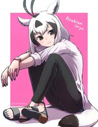  1girl antelope_ears antelope_horns arabian_oryx_(kemono_friends) black_footwear black_hair black_pants blue_nails blush brown_eyes crossed_arms crossed_legs hair_between_eyes highres kemono_friends kemono_friends_3 kotobukkii_(yt_lvlv) long_sleeves multicolored_hair nail_polish official_alternate_costume pants sandals shirt short_hair sidelocks sitting sleeves_rolled_up smile solo two-tone_hair watch watch white_hair white_shirt 