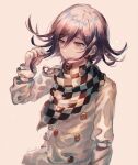  1boy arm_belt belt black_scarf brown_background buttons chain checkered_clothes checkered_scarf closed_mouth commentary_request danganronpa_(series) danganronpa_v3:_killing_harmony double-breasted expressionless fingernails highres holding holding_hair jacket layered_sleeves lemontea light_frown light_particles long_sleeves looking_at_hand male_focus multicolored_buttons oma_kokichi purple_hair scarf short_hair_with_long_locks signature simple_background sleeve_garter solo two-tone_scarf upper_body violet_eyes white_belt white_jacket white_scarf 