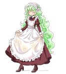 1girl alternate_costume apron apron_lift boots brown_dress brown_footwear closed_eyes clothes_lift commentary_request dress enmaided flower frilled_apron frills green_hair kazami_yuuka long_hair maid maid_apron maid_headdress s-a-murai solo sunflower touhou very_long_hair white_apron wrist_cuffs 
