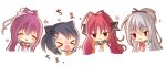  &gt;_&lt; 4girls :3 ^_^ aged_down alice_in_0x0 angry animal_ears black_hair black_ribbon black_sailor_collar blush blush_stickers bow brown_eyes cat_ears chibi chibi_only closed_eyes closed_mouth commentary dracu-riot! elena_olegovna_owen eyes_visible_through_hair facing_another grey_hair hair_between_eyes hair_ornament hair_ribbon hairclip hand_up hands_up heart height_difference highres inamura_rio jitome juliet_sleeves long_hair long_sleeves looking_at_another mera_azusa multiple_girls open_mouth ponytail puffy_sleeves purple_hair raised_eyebrows rectangular_mouth red_bow red_eyes redhead ribbon sailor_collar school_uniform shirt short_ponytail simple_background smile smug sound_effects sparkle symbol-only_commentary tears upper_body v-shaped_eyebrows very_long_hair white_background white_shirt yarai_miu yellow_bow 