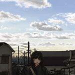  1girl absurdres black_eyes black_hair black_sweater blue_sky building clouds hand_up highres one_eye_closed original power_lines scenery short_hair sky solo sweater uniunimikan urban utility_pole 