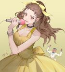  1boy 1girl bracelet brown_eyes brown_hair choker commentary_request dress earrings hair_ribbon heart heart-shaped_eyes holding holding_microphone jewelry looking_at_viewer meitantei_conan microphone mouri_kogoro numbered okino_youko ribbon smile upper_body yellow_background yellow_dress yellow_ribbon yoshicha 