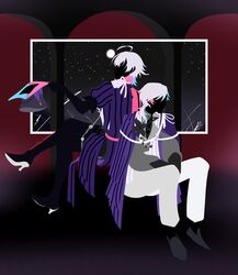  2boys ahoge arisha_hamada08 back-to-back bettel_2_(gavis_bettel) blue_hair boots brothers coat commentary crossed_legs flower full_body gavis_bettel gavis_bettel_(1st_costume) gloves grey_hair hair_between_eyes hat high_heel_boots high_heels highres holding holding_clothes holding_hat holostars holostars_english lily_(flower) male_focus medium_hair multicolored_coat multicolored_hair multiple_boys pants pink_hair profile scarf siblings sitting striped_coat thigh_boots top_hat twins twitter_username vertical-striped_coat virtual_youtuber white_pants white_scarf 