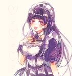  1girl black_hair blush braid breasts chest_harness detached_collar earrings english_commentary hand_on_own_chest harness heart jewelry long_hair looking_at_viewer maid maid_headdress meiwo_(meiwov0v0) meloco_kyoran meloco_kyoran_(2nd_costume) multicolored_hair multiple_earrings nijisanji nijisanji_en red_eyes solo streaked_hair sweatdrop very_long_hair virtual_youtuber 