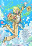  1boy arm_up ascot bad_id bad_pixiv_id blue_sky bouquet building clouds day ensemble_stars! ferris_wheel flower full_body green_hair hair_between_eyes highres holding holding_bouquet jacket jumping long_sleeves looking_at_viewer male_focus meremero one_eye_closed open_mouth outdoors outstretched_arm petals shirt shoes short_hair sky smile solo sparkle tomoe_hiyori violet_eyes white_ascot white_shirt yellow_flower yellow_footwear yellow_jacket 