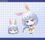  1girl animal_ears black_bodysuit blue_hair bodysuit bow braid braided_ponytail character_name chibi dress hair_bow hololive looking_at_viewer mature_female multicolored_hair pekomama ponytail rabbit_ears rabbit_girl red_eyes short_eyebrows solo streaked_hair t_oaru virtual_youtuber white_bow white_dress white_hair 