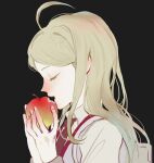  1girl absurdres ahoge akamatsu_kaede apple backpack bag black_background blonde_hair closed_eyes collared_shirt colored_eyelashes danganronpa_(series) danganronpa_v3:_killing_harmony eating food from_side fruit hair_ornament highres holding holding_food holding_fruit long_hair long_sleeves mimulishizi musical_note musical_note_hair_ornament necktie open_mouth pink_vest red_necktie shirt simple_background smile solo teeth upper_body upper_teeth_only vest white_bag white_shirt white_sleeves 