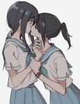  2girls black_hair blue_neckerchief blue_sailor_collar blue_skirt closed_eyes commentary cowboy_shot face-to-face from_side hibike!_euphonium holding_another&#039;s_wrist imminent_kiss kasaki_nozomi kitauji_high_school_uniform liz_to_aoi_tori long_hair looking_at_another multiple_girls neckerchief pleated_skirt ponytail profile sailor_collar school_uniform serafuku shirt short_ponytail short_sleeves sidelocks simple_background skirt standing syonosuke9573 watch watch white_background white_shirt yoroizuka_mizore yuri 