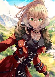  1girl au_ra belt black_choker blonde_hair blue_sky blurry blurry_background choker clouds coat collarbone commission cowboy_shot day dragon_girl dragon_horns final_fantasy final_fantasy_xiv fur-trimmed_coat fur_trim glasses green_eyes highres horn_ornament horn_ring horns kudoukudokudo long_sleeves looking_at_viewer medium_hair mountainous_horizon multiple_belts outdoors pendant_choker ponytail red_coat scales skeb_commission sky smile solo standing warrior_of_light_(ff14) 