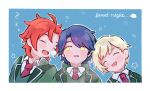  3boys :d ^_^ avocado_academy_school_uniform blonde_hair blue_background blue_hair closed_eyes collared_shirt commentary_request drooling green_jacket highres idol_time_pripara jacket looking_at_another male_focus mitaka_asahi multiple_boys necktie nose_bubble open_mouth outline poro_(pweedro) pretty_series pripara red_necktie redhead school_uniform shirt short_hair sleeping smile takase_koyoi upper_body white_outline white_shirt yellow_eyes yumekawa_shogo zzz 