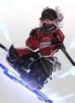  1girl apex_legends baseball_cap black_gloves black_hat black_pants dual_wielding electricity english_commentary fingerless_gloves gloves grey_background grey_hair hair_between_eyes hair_bun hat highres holding holding_sword holding_weapon jacket looking_at_viewer official_alternate_costume pants portal_(object) red_jacket sevpha single_hair_bun solo street_smart_wraith sword v-shaped_eyebrows weapon white_eyes wraith_(apex_legends) 