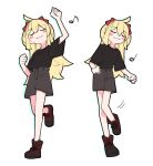  1girl ahoge black_pants black_shorts blonde_hair blush boots bow clenched_hands closed_eyes dancing full_body hair_bow kamo_(kamonabe_44) long_hair musical_note nayu_(tensai_majo_no_maryoku_kare) pants red_bow shirt_tucked_in shorts simple_background smile solo standing standing_on_one_leg tensai_majo_no_maryoku_kare white_background 