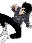  1boy bandaged_hand bandages black_hair from_above frown gauze_on_cheek hand_on_floor highres male_focus messy_hair muryo on_floor original pants reaching reaching_towards_viewer shoes smoking sneakers socks sweatpants tobacco white_socks 