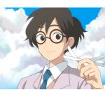  1boy anime_coloring black-framed_eyewear black_eyes black_hair blue_necktie close-up closed_mouth clouds collared_shirt commentary_request glasses hand_up holding holding_paper_airplane horikoshi_jirou jacket kaze_tachinu lapels letterboxed light_smile looking_at_viewer lowres male_focus necktie paper_airplane pink_jacket portrait round_eyewear shirt short_hair solo tottooo410_(romeo1207) white_shirt 