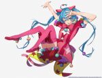  1girl :3 ahoge animal_ears aqua_eyes aqua_hair aqua_nails arms_up bow bow_legwear bowtie cat_ears cat_tail commentary_request copyright_name crypton_future_media fake_animal_ears fake_tail fang full_body hair_between_eyes hands_up hatsune_miku highres light_blush long_hair mary_janes miku_day official_art open_mouth piapro pink_bow pink_shirt pink_thighhighs pom_pom_(clothes) project_sekai puffy_shorts red_bow red_shorts sega shirt shoes short_sleeves shorts simple_background smile solo sowichi sparkle sparkling_eyes star_(symbol) star_print striped_clothes striped_shirt tail thigh-highs twintails vertical-striped_clothes vertical-striped_shirt vocaloid white_background 