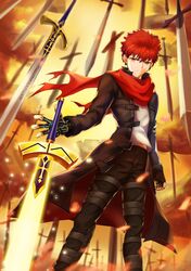  1boy absurdres emiya_shirou excalibur_(fate/stay_night) fate/stay_night fate_(series) field_of_blades fingerless_gloves gloves gt_shoukyou highres jacket magic_circuit male_focus multiple_swords multiple_weapons open_clothes open_jacket planted planted_sword red_scarf redhead scarf short_hair solo sword too_many_weapons unlimited_blade_works_(fate) weapon yellow_eyes 