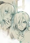  1boy 1girl beard_stubble brother_and_sister dungeon_meshi facial_hair falin_touden hand_on_own_face highres laios_touden looking_at_viewer medium_hair official_alternate_hairstyle siblings sketch stubble tearing_up toi8 
