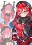  belt black_gloves black_hat blue_eyes blush elbow_gloves floral_print fuku_kitsune_(fuku_fox) gloves highres jacket kiara_(shironeko_project) long_hair red_eyes rose_print scarf shironeko_project 