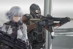 1girl ai-assisted assault_rifle black_gloves breasts call_of_duty call_of_duty:_modern_warfare_3 closed_mouth commentary crossover english_commentary gas_mask girls_frontline gloves grey_eyes grey_hair gun highres holding holding_gun holding_weapon johnny63129616 light_machine_gun light_smile long_sleeves mask rifle rpk-16 rpk-16_(girls&#039;_frontline) scope short_hair tactical_clothes upper_body weapon 