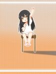  1girl :o arm_up barefoot black_hair bright_pupils brown_background brown_eyes chinese_commentary commentary_request fang feet full_body gradient_background highres kuma-bound long_hair on_chair open_mouth original shirt sitting soles solo toes white_pupils white_shirt 