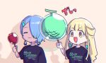  2girls :d akroglam anger_vein aorta_(akroglam) black_shirt blonde_hair blue_hair blue_lips candy_apple candy_melon cantaloupe chibi closed_eyes closed_mouth commentary_request dark-skinned_female dark_skin earrings eno_(akroglam) facing_viewer food fruit hair_over_one_eye hand_up jewelry long_hair looking_at_viewer multiple_girls natsuharu open_mouth shirt short_hair short_sleeves smile t-shirt upper_body yellow_eyes 