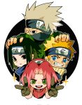  1girl 3boys black_background black_eyes black_hair blonde_hair blue_eyes blue_shirt border chibi double_v facial_mark fangs fingerless_gloves gloves green_eyes green_vest grey_hair grin hairband hand_on_another&#039;s_head headband highres mask mouth_mask multiple_boys naruto naruto_(series) one_eye_covered open_mouth parted_bangs pink_hair red_shirt shirt sleeveless sleeveless_shirt smile sparkle spiky_hair sweatdrop teeth upper_body v vest whisker_markings white_border xi_luo_an_ya 