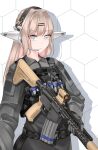  1girl absurdres asashiro_echo blonde_hair boom_microphone earphones elf grey_eyes gun hair_ornament hairclip highres holding holding_gun holding_weapon honeycomb_(pattern) honeycomb_background joe19990131 mecha_musume military original pointy_ears rifle scope solo tactical_clothes weapon 