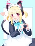  1girl :3 animal_ear_headphones animal_ears apron blonde_hair blue_archive blush cat_ear_headphones cat_ears cat_tail fake_animal_ears fake_tail frilled_apron frills halo headphones heart heart_hands highres hururu_game long_sleeves looking_at_viewer maid momoi_(blue_archive) momoi_(maid)_(blue_archive) neck_ribbon open_mouth pink_eyes ribbon smile solo tail twintails 