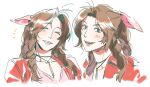  1girl aerith_gainsborough ahoge braid braided_ponytail brown_hair choker closed_eyes dress final_fantasy final_fantasy_vii final_fantasy_vii_rebirth final_fantasy_vii_remake flower_choker green_eyes grin hair_ribbon jacket light_blush long_hair looking_at_viewer parted_bangs peonrin pink_dress pink_ribbon red_jacket ribbon sidelocks single_braid smile solo teeth upper_body wavy_hair white_background 