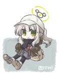  1girl backpack bag baseball_cap blue_archive chibi green_eyes grey_hair halo hare_(blue_archive) hare_(camp)_(blue_archive) hat jacket looking_at_viewer pantyhose ponytail ryuuga_nanamaru scarf shoelaces shorts smile solo 