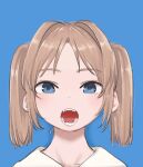  1girl blue_background blue_eyes bouen commentary_request highres id_photo light_brown_hair looking_at_viewer open_mouth original short_hair simple_background sketch solo straight-on teeth twintails upper_body 