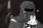  1boy 1other ambiguous_gender animalization arknights choshanland_plushy_(arknights) coat commentary_request doctor_(arknights) gloves heart hood hood_up hooded_coat korean_commentary mamara_tang mask mlynar_(arknights) out_of_frame poking 