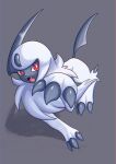 absol animal_focus bright_pupils claws grey_background highres horns looking_at_viewer no_humans open_mouth pokemon pokemon_(creature) red_eyes shadow simple_background single_horn solo soruva_359 white_fur white_hair white_pupils 