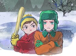  2boys bare_tree baseball_bat beanie blue_beanie brown_eyes brown_hair crossed_arms eric_cartman frown gloves green_eyes green_gloves green_hat hat highres holding holding_baseball_bat jacket kyle_broflovski looking_at_viewer male_focus multiple_boys orange_jacket pom_pom_(clothes) pom_pom_beanie red_jacket snow south_park tongue tongue_out tree winter_clothes yellow_gloves yiyi_025 