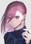  1boy androgynous blue_lock blue_shirt character_request expressionless grey_background hair_over_one_eye highres looking_at_viewer male_focus medium_hair parted_lips pink_eyes pink_hair portrait shioritaweb shirt solo twitter_username 