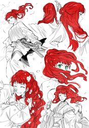  1girl ^_^ blunt_bangs child closed_eyes commentary_request earrings falling_petals floating_hair flower green_eyes hair_flower hair_ornament highres holding holding_sword holding_weapon jewelry juuni_kokuki long_sleeves looking_ahead looking_at_viewer multiple_views nakajima_youko petals ponytail ran_(ran_0605) redhead smile sword tassel tassel_earrings weapon 