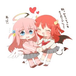  2girls :d ^_^ angel_wings black_wings blush bocchi_the_rock! bow brown_footwear closed_eyes cube_hair_ornament demon_girl demon_horns demon_tail demon_wings fang feathered_wings flying_sweatdrops gotoh_hitori grey_skirt hair_ornament halo heart holding_hands horns jacket kita_ikuyo long_hair low_wings multiple_girls one_side_up pants pants_under_skirt pink_hair pink_jacket pink_pants pleated_skirt rebecca_(keinelove) red_bow redhead sailor_collar school_uniform serafuku shirt shoes simple_background skirt smile socks tail track_jacket track_pants track_suit translation_request very_long_hair wavy_mouth white_background white_sailor_collar white_shirt white_socks white_wings wings 