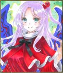  1girl black_ribbon blue_eyes breasts capelet closed_mouth demon_wings dress grey_hair hair_bobbles hair_ornament hajike_akira happy highres long_hair long_sleeves medium_breasts neck_ribbon red_capelet red_dress ribbon shinki_(touhou) side_ponytail smile touhou touhou_(pc-98) traditional_media upper_body very_long_hair wide_sleeves wings 