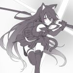  1girl animal_ear_fluff animal_ears arknights bare_shoulders boots cat_ears cat_girl cat_tail closed_mouth elbow_gloves foot_out_of_frame foot_up gloves grey_background greyscale hair_between_eyes highres holding holding_sheath holding_sword holding_weapon hood hood_down hooded_jacket jacket knees_together_feet_apart kyoro_(kyoroillust) long_hair looking_at_viewer melantha_(arknights) miniskirt monochrome pink_eyes pleated_skirt scabbard serious sheath simple_background skirt sleeveless sleeveless_jacket solo spot_color straight_hair sword tail thigh-highs thigh_gap thigh_strap very_long_hair weapon zettai_ryouiki 