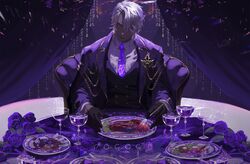  1boy arms_on_table artist_name black_gloves chain chair closed_mouth collared_shirt commentary curtains dark-skinned_male dark_skin dress_shirt drink ear_piercing earrings flower food food_request fork glass gloves gold_chain hair_over_one_eye hashtag-only_commentary highres holding holding_fork honkai:_star_rail honkai_(series) jacket jewelry long_sleeves looking_at_viewer male_focus meat necklace necktie on_chair one_eye_covered ornate_clothes pale_eye piercing plate pogogu purple_flower purple_necktie purple_rose purple_suit purple_theme purple_vest rose shirt solo steak straight-on sugilite_(honkai:_star_rail) suit suit_jacket table tablecloth tie_clip upper_body vest white_hair white_shirt 