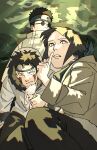  1girl 2boys aburame_shino akamaru_(naruto) black_hair black_pants byakugan clenched_teeth dog feet_out_of_frame forehead_protector headband highres hood hoodie hyuuga_hinata inuzuka_kiba jacket konohagakure_symbol multiple_boys naruto naruto_(series) outdoors pants pnpk_1013 round_eyewear short_hair teeth white_eyes 