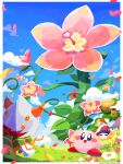  anniversary bandana bandana_waddle_dee blue_bandana blush_stickers bronto_burt cape dreamstalk flower grass highres horns king_dedede kirby kirby:_triple_deluxe kirby_(series) omame_sakana people_of_the_sky petals pink_flower pom_pom_(clothes) rayman_limbs red_scarf scarf scarfy solid_oval_eyes taranza white_hair 