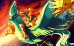  ^_^ above_clouds articuno bird blinking_inside_eyes closed_eyes closed_mouth clouds cloudy_sky commentary contest electricity english_commentary fire from_side full_body gloves highres holding holding_pokemon looking_back moltres orange_hair original pokemon_(creature) pupil_blink red_eyes red_scarf riding riding_bird riding_pokemon sa-dui scarf sky smile star_(sky) sunset talons tar_bananakis_(character) wurmple zapdos 