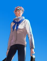  1boy black_eyes black_pants blue_background blue_neckerchief blue_stripes closed_eyes cowboy_shot green_headband hair_between_eyes headband highres holding holding_shoes jacket koby_(one_piece) long_sleeves looking_to_the_side male_focus mocchi_(mkz) neckerchief one_piece pants partially_shaded_face pink_hair scar scar_on_face scar_on_forehead shoes sideways_glance simple_background smile solo striped_clothes striped_jacket unworn_footwear white_jacket zipper zipper_pull_tab 