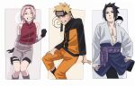  1girl 2boys ^_^ absurdres bare_shoulders black_eyes black_gloves black_hair blonde_hair blue_eyes closed_eyes expressionless facial_mark feet_out_of_frame forehead forehead_protector gloves grin haruno_sakura headband highres light_blush looking_at_viewer multiple_boys naruto_(series) naruto_shippuuden pectorals pink_hair pnpk_1013 smile team7 uchiha_sasuke uchiha_symbol uzumaki_naruto uzumaki_symbol whisker_markings white_background 